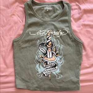 Ed Hardy Olive Green Tank Top with Graphic Design